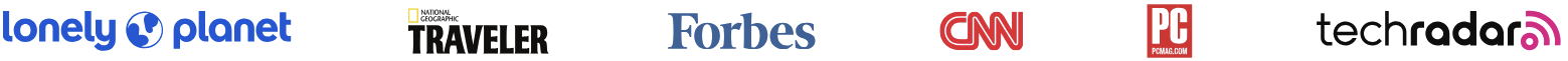 Company logos of Saily users. Lonely Planet, National Geographic, Forbes, CNN, PC Mag, Techradar.